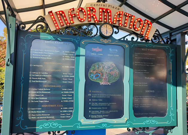 Disneyland Paris, Central Plaza Information (Main Street USA), temps d'attente attractions, rides waiting times
