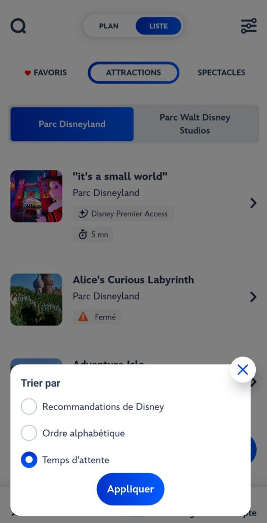 Capture/Screenshot application Disneyland Paris, low rides waiting times/peu d'attente attractions